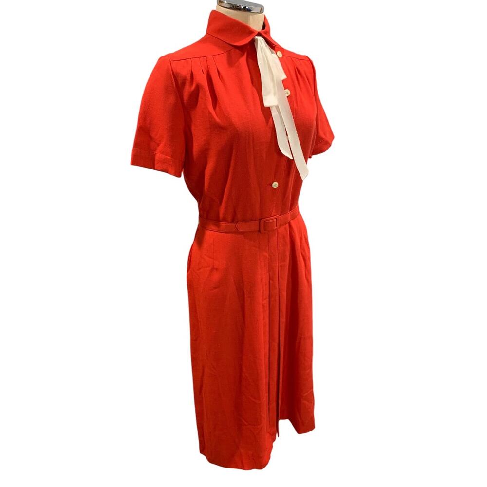 Small Vintage 1960s Shirtwaist Dress Handmade Red White Bow Belted Midi